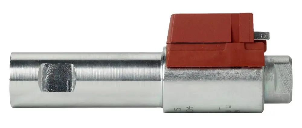 Ölvorwärmer von Danfoss mit metallischem Gehäuse und rotem Kunststoffteil. Klar erkennbar ist die Anschlussseite mit einem M6x1 Gewinde.